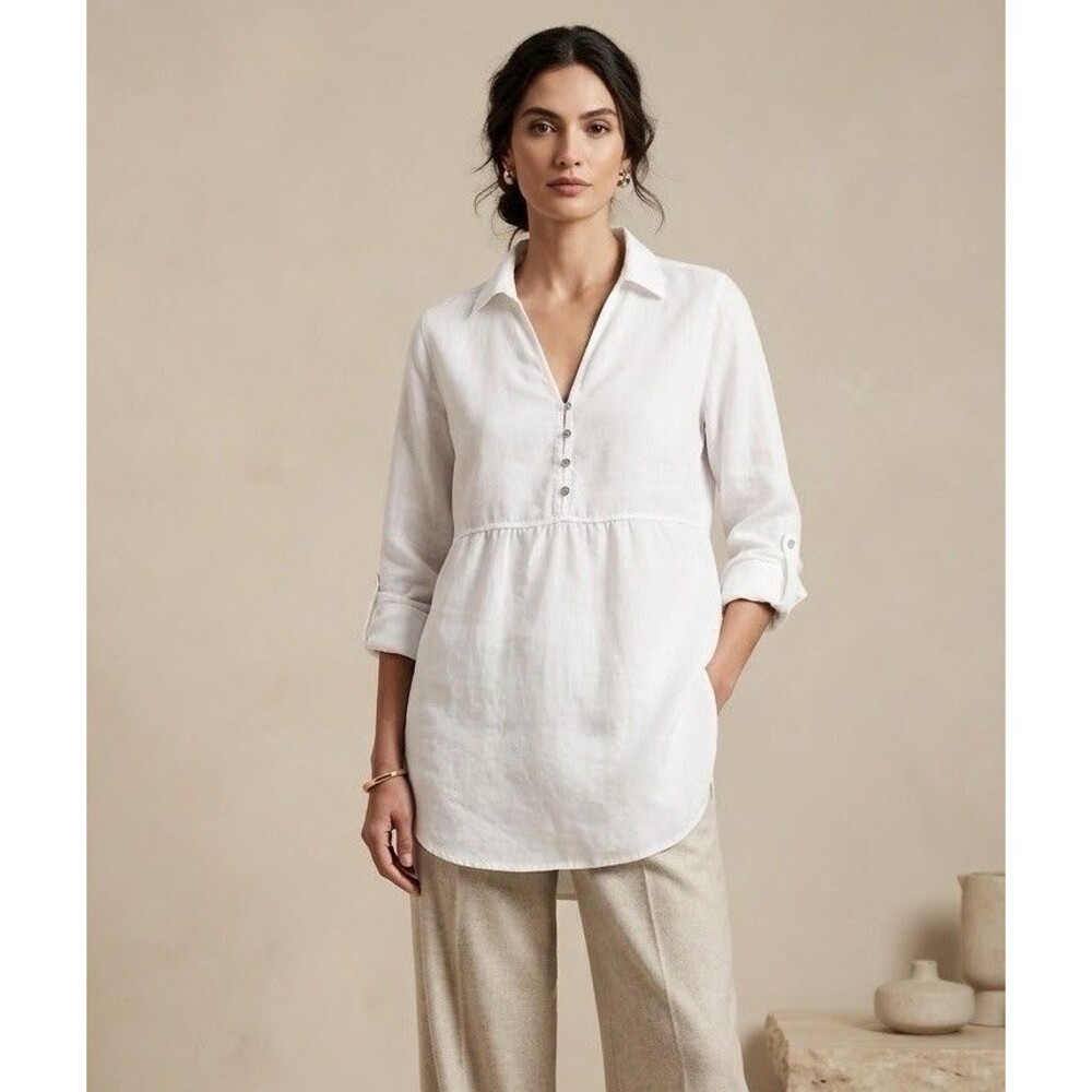 Sigrid Olsen 100 Linen Tunic Top Shirt White Medium Roll Tab Coastal Resort M